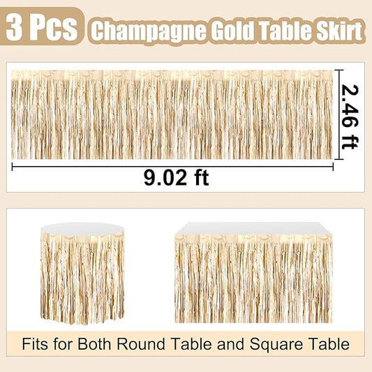 3 Pack 29 x108 Inch Champagne Gold Foil Fringe Table Skirts Metallic Banner for Tinsel Streamer Garland Backdrop for Parade Floats Wedding Thanksgiving Birthday Christmas New Year Party Decoration