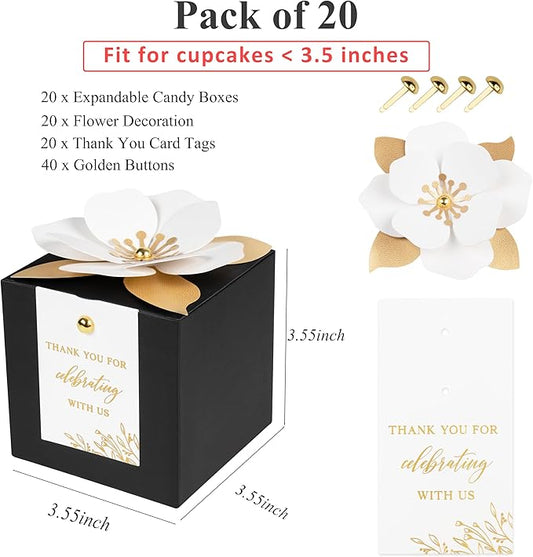 FEIYI 20 PCS Black Gift Boxes, 3 In 1 Favor Boxes with Floral Decor, White Thank You Tags Cupcake Containers Gift wrapping for Wedding, Baby Shower, Birthday, Decorations Party - 3.55x3.55x3.55