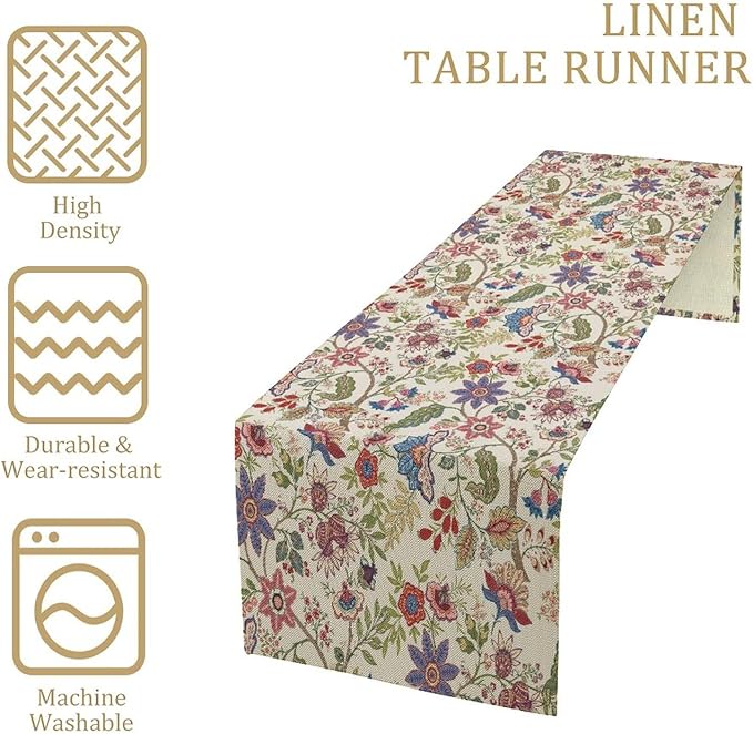 Spring Floral Table Runner, Boho Floral Pattern Natural Plant Table Decoration for Home Kitchen Restaurant Holiday Party,13in（33cm） W * 60in（152cm） L