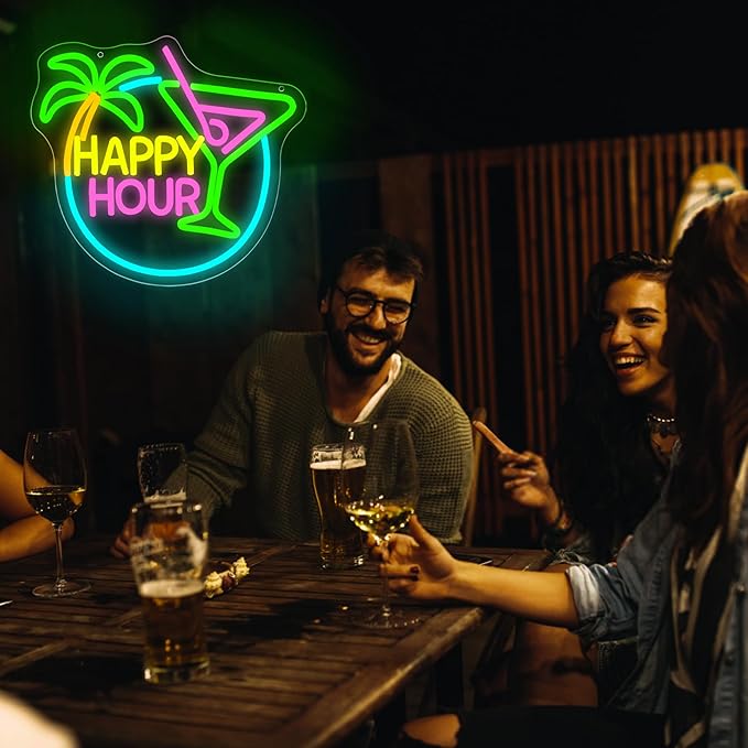 Happy Hour Neon Sign for Wall Decor Dimmable Cocktail Neon Light for Man Cave Bedroom Bar Sign for Home Bar Beer Store Hotel Party Club Office Birthday Gifts Art Size13.7 * 12.5In(WZCP129)
