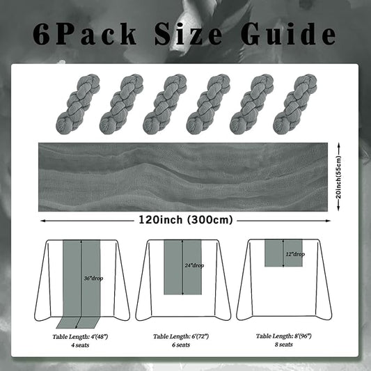 6 Pack Gray 10FT Cheesecloth Table Runner Rustic Gauze Fabric Cheese Cloth Table Runner for Wedding Bridal Baby Shower Table Decor 20 x 120 Inch Long Boho Sheer Birthday Party Table Decorations