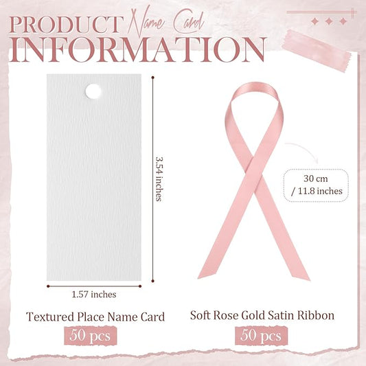 50 Pcs Name Place Cards for Table Setting Blank Wedding Place Cards with Satin Ribbon 1.57 x 3.54 Inch Hanging Gift Tags for Wedding Dinner Banquet Party Table Setting Supplies(Rose Gold)