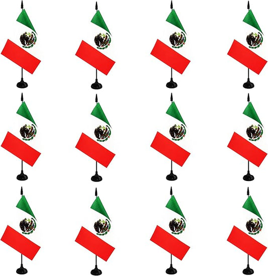 Mexico Desk Flag, 12 Pack Mexican Table Office Flag with Black Solid Pole and Stand Base, International Country Flag, Festival Celebration, Classroom Meeting Desktop Decor (Mexico)