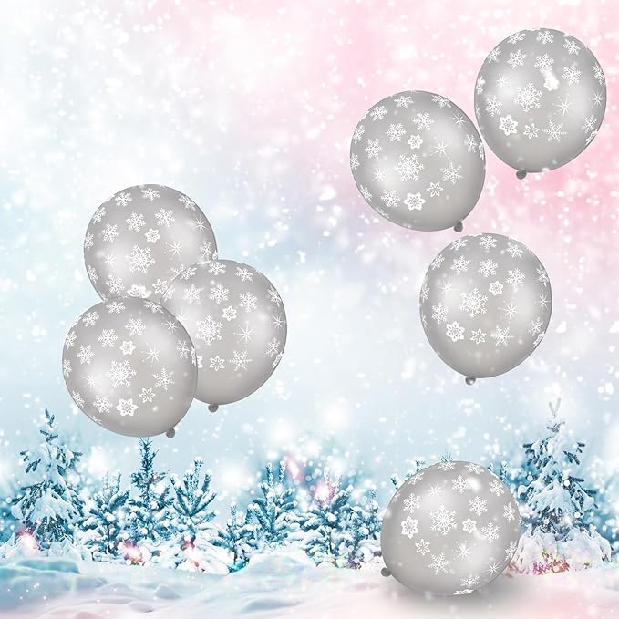 Skylety 40 Pieces Snowflake Balloons Bulk Winter Transparent Snowflake Latex Balloons for Christmas Birthday Wedding Party Decorations (Silver)