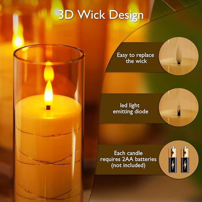 Raycare Flameless Candle with Remote Timer – 5 Flickering Acrylic Battery Operated LED Pillar Candles with Embedded Star String for Halloween, Home Decor, and as a Gift(Glod)