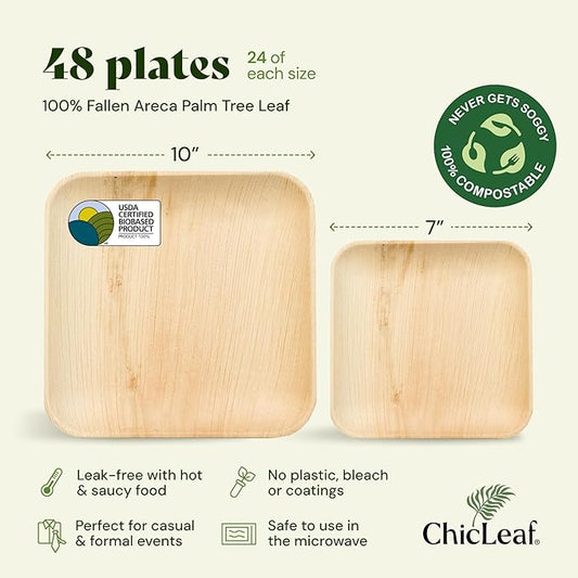 Chic Leaf Compostable & Biodegradable Palm Leaf Disposable Bamboo Plates - Disposable Party Plates for Appetizers - Camping Essentials - Reusable Party Supplies (10 & 7 Inch Square)