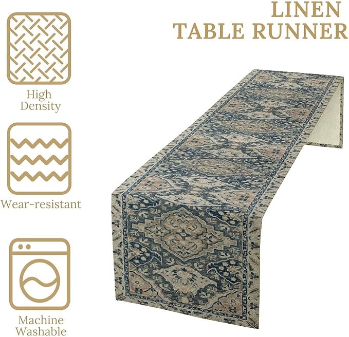 Vintage Boho Floral Table Runner, Rustic Country Farmhouse Blue Grey Retro Flower Pattern for Home Kitchen Table Decor Dining Coffee Room Party Decor 13x60in