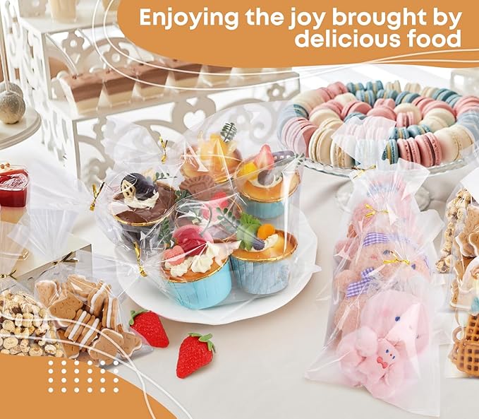 SUREHOME Cellophane Bags, 100 Pack Clear Gift Bag Cellophane Treat Bags with Ties 6x10 Inch Plastic Small Cello Candy Bag for Party Favors Easter Goodie Graduation Cookies Bakery Popcorn Wraps