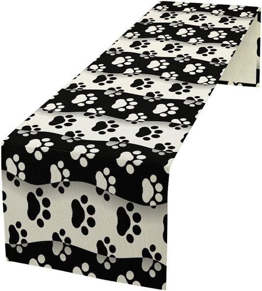 Dog Paw Table Runner,Kid Cute Animal Footprint Black White Theme Design Print Tablecloth Burlap for Hotel Indoors Outdoor Dining Room Kitchen Home Decor,W13X L80 in