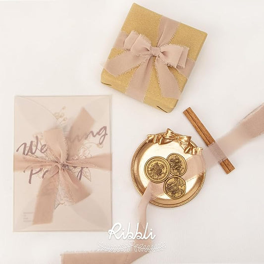 Ribbli Beige Ribbon 1 Inch x 3 Rolls Total 24 Yards Natural Handmade Fringe Chiffon Silk Ribbon for Wrapping Wedding Invitations Bridal Bouquets DIY Crafts Home Decor