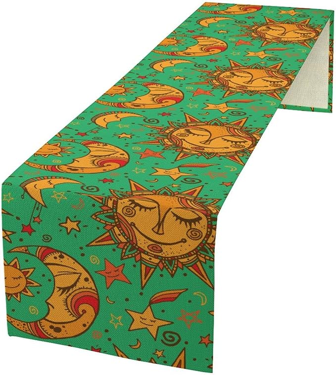 Boho Moon Table Runner, Phase of The Moon Star Sun Cartoon Pattern Table Runner for Kitchen Living Room Home Party 13x90 Inch