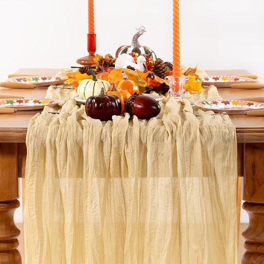 Champagne Gold Cheesecloth Table Runner 10 Pack Fall Table Runners Boho Gauze 120 Inches Champagne Cheese Cloth Fall Table Decorations for Thanksgiving Wedding Bridal Baby Shower Parties