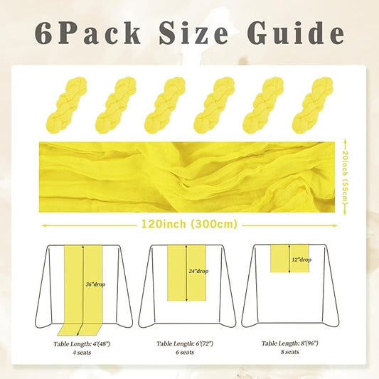 6 Pack Yellow Cheesecloth Table Runner 20 x 120 Inch Long Rustic Gauze Cheese Cloth Table Runner for Wedding 10FT Bridal Baby Shower Table Decorations Boho Fabric Sheer Birthday Party Table Decor
