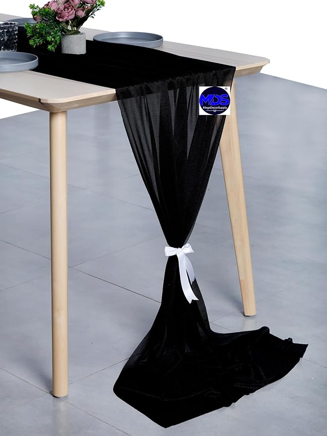 MDS Halloween Chiffon Table Runner - 12 Pack, 29 x 170 Inches, 14ft Each - Sheer Spooky Table Runners for Haunted House Parties, Trick-or-Treat Tables, Witchy Décor, Wedding & Events - Black