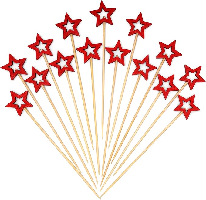 Minisland Big Red Star Cocktail Picks, 5.5 Inch Long Bamboo Fancy Toothpicks for Appetizers, Decorative Christmas New Year Holiday Party Food Drinks Garnish Fruit Skewer Sticks 50 Counts - MSL432