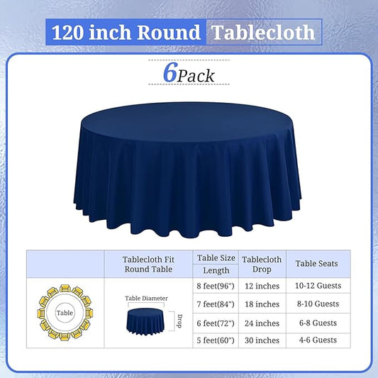 6 Pack Round Tablecloths - 120 Inch, Navy Blue Polyester Table Cover for Round Table, Stain and Wrinkle Resistant Washable Fabric Table Cloth, Polyester Tablecloth for Wedding Banquet Parties