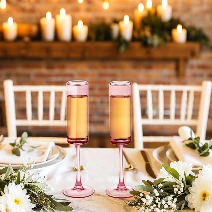 6 Pieces Pink Champagne Flutes 6 OZ Straight Sided Wine Glasses Champagne Long Stem Drinking Colored Glasses,Set of 6 Hand Blown Champagne Flutes Goblets for Wedding Cocktail Cups,Cava, Prosecco