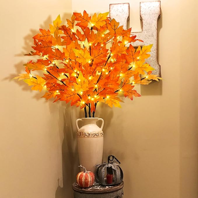 3Pcs 30”Lighted Maple Leaves Branches Stems with Timer Battery Operated 60 LEDs Fall Artificial Maple Branches with Lights for Vases Autumn Home Thanksgiving Halloween Christmas Decoration