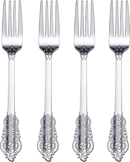 WDF 100 Piece Silver Forks Disposable - 7.48 Inch Silver Plastic Forks - Baroque Silverware for Dessert Cake - Heavy Duty Plastic Fork for Christmas Party, Wedding or Daily Using