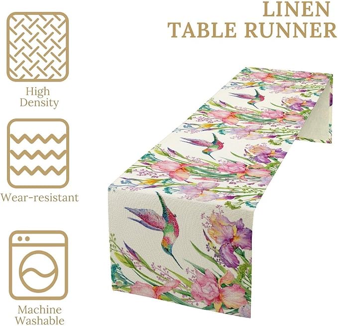 Hummingbird Table Runner,Pink Floral Country Style Table Runner for Kitchen Dining Table Home Party Decoration 13x60 Inch