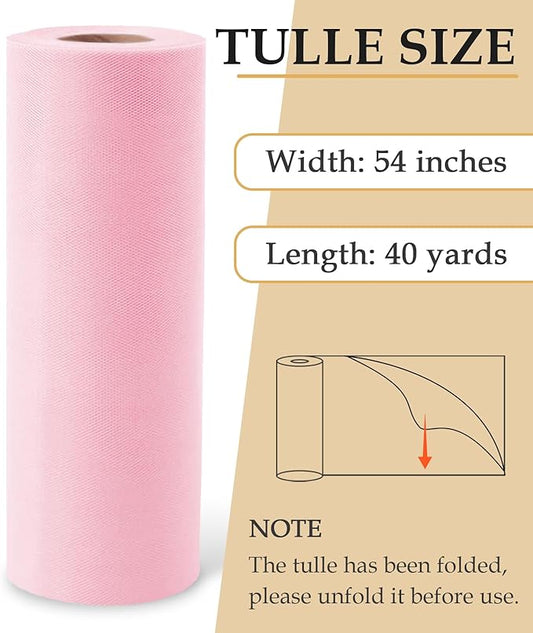 Light Pink Tulle Fabric Roll, 54" x 40 Yards (120FT) Tulle for Wedding Decoration DIY Tutu Party Valentine's Day Backdrop Baby Shower Table Skirts Gift Wrapping