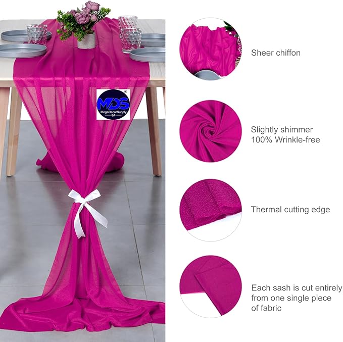 MDS Halloween Chiffon Table Runner - 15 Pack, 29 x 120 Inches, 10ft Each - Sheer Spooky Table Runners for Haunted House Parties, Trick-or-Treat Tables, Witchy Décor, Wedding & Events - Magenta