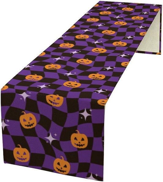 Halloween Table Runner,Purple Checkered Pumpkin Table Runner for Kitchen Dining Table Decoration Home Party Decor 13x36 Inch