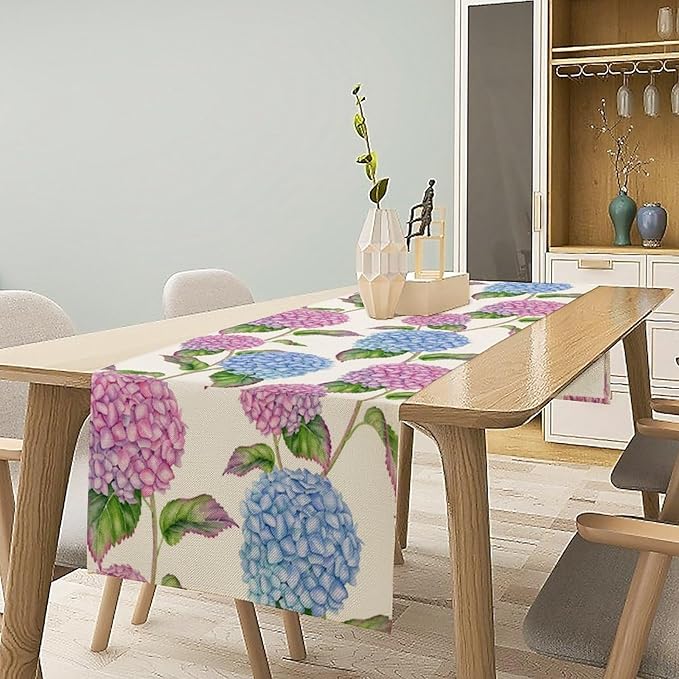 Spring Hydrangea Flower Table Runner, Seasonal Summer Plants Watercolor Pink Purple Florals Dinner Runner for Home Kitchen Dining Table Party Holiday Decoration 13"x120"