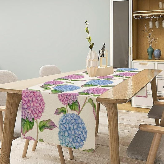 Spring Hydrangea Flower Table Runner, Seasonal Summer Plants Watercolor Pink Purple Florals Dinner Runner for Home Kitchen Dining Table Party Holiday Decoration 13"x60"
