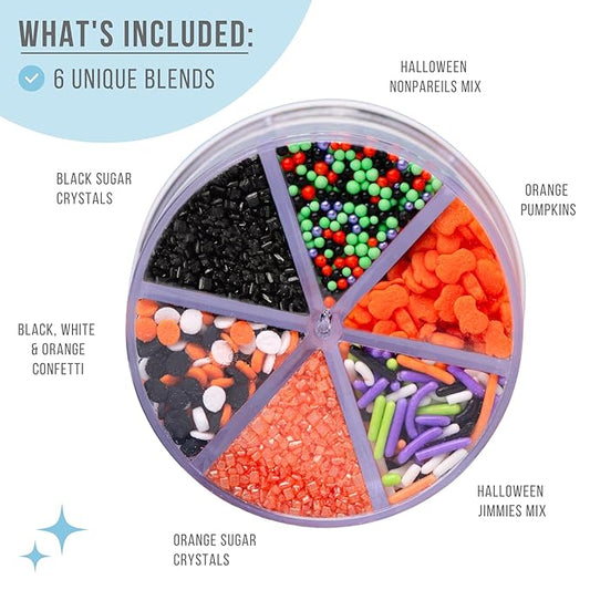 Sweets Indeed Halloween 6-Cell Sprinkle Jar – 6 Variety Sprinkle Compartments | Edible Cake Decorations for Cupcakes, Cookies, Cakes & Desserts | 6.45 oz
