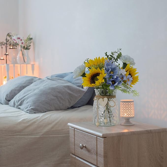Leftover Faux Flowers in vase,Table centerpieces for Dining Room,Blue-Yellow Sunflower Flower centerpieces for Tables