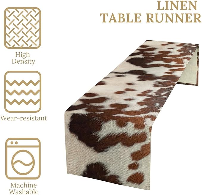 Farmhouse Cow Skin Print Table Runner, Safari Wildlife Brown Country Farm Cowhide Pattern Cotton Linen Rustic Cottage Table Runner for Dinning Home Party Holidays Home Setting, 13x70 Inch