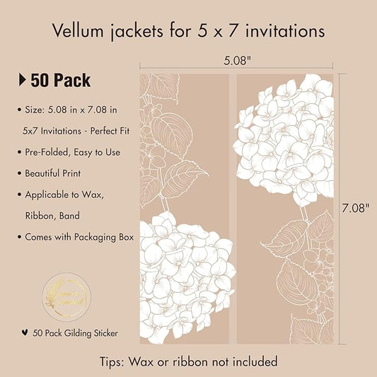 50 Pack Pre-Folded Vellum Jackets for 5x7 Invitations,AZAZA Elegant Translucent Invitation Sleeves,115GSM Vellum Jackets 5x7, Wedding Invitation Accessories, for Weddings Birthdays, Hydrangea Floral