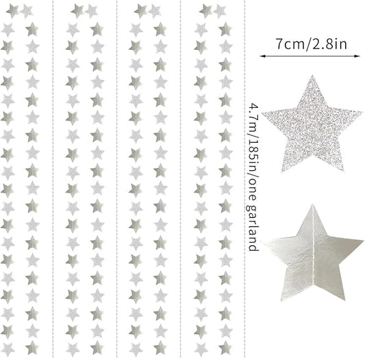 Glitter-Silver Party-Decorations Star Christmas Garland - 62ft Birthday Twinkle Little Star Hanging Streamers Banner,Bachelorette Engagement Wedding New Years Supplies Decor Hugtmr