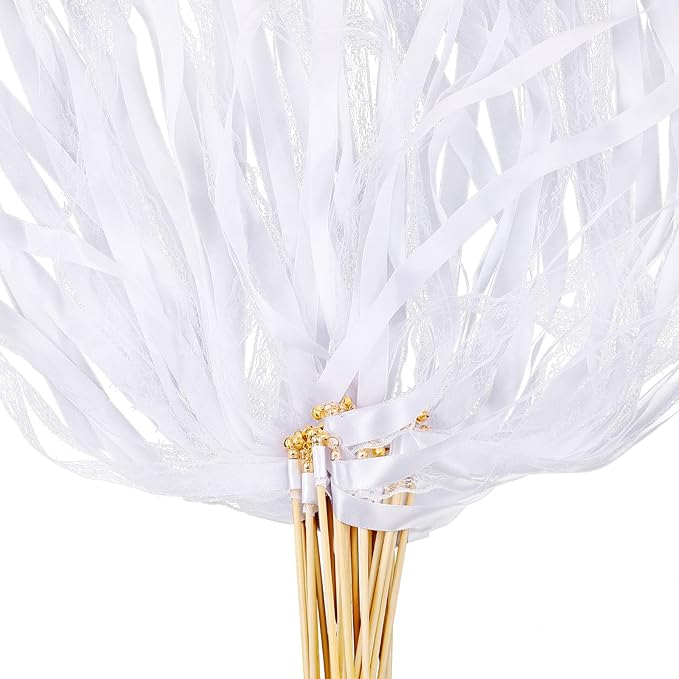 Taiyin 150 Pcs Lace Ribbon Stick Wands Wedding Wand Streamers with Bell Silk Ribbon Fairy Wand Wedding Send Off Streamer for Baby Shower Holiday Party Favors(White)