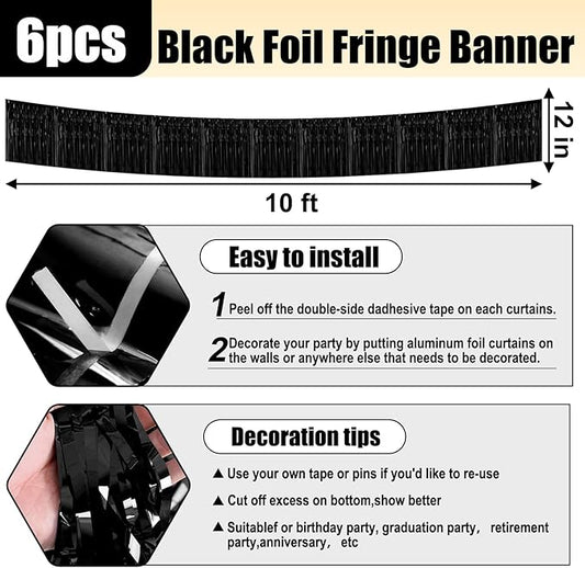 6 Pack 10 Feet Black Foil Fringe Garland Metallic Tinsel Streamers Banner Wall Hanging Curtain Backdrop for Parade Floats, Birthday, Graduate, Mother's Day, Wedding Party Decoration