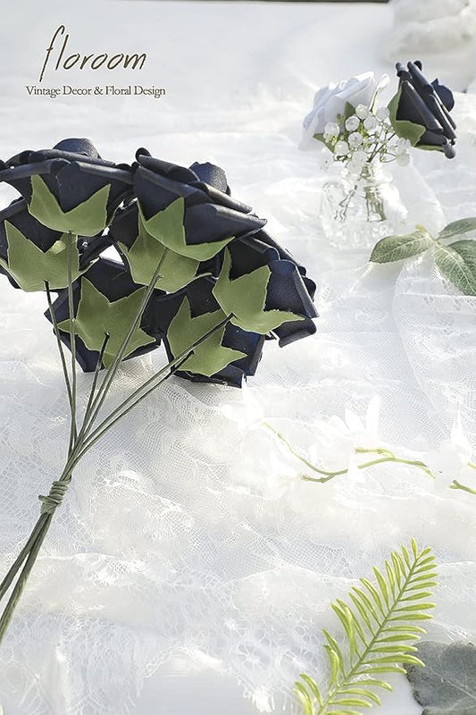 Floroom Artificial Flowers 50pcs Real Looking Navy Blue Foam Fake Roses with Stems for DIY Wedding Bouquets Bridal Shower Centerpieces Floral Arrangements Party Tables Home Decorations