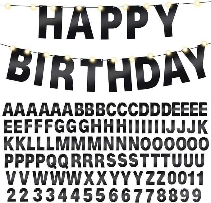 TaoBary 112 Pcs DIY Letter Kit Glitter Customizable Banner Letters Include 107 Letters and Numbers 3 Rope and 2 Needles for Birthday Halloween Christmas Wedding Valentine Party Decor(Bright Black)