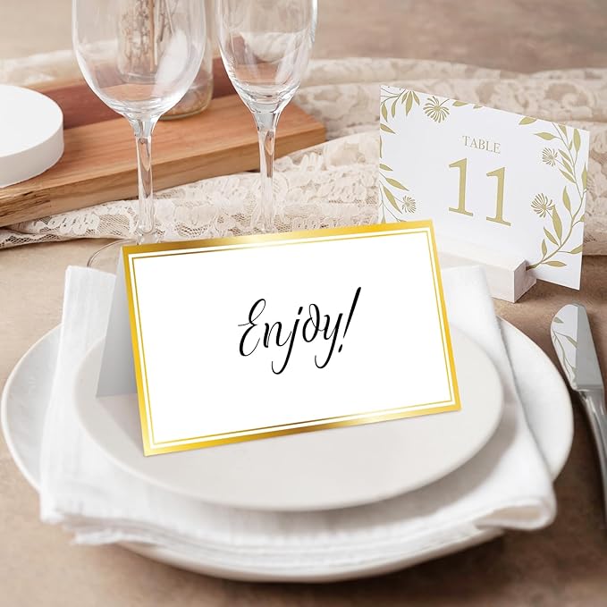 25 Premium Place Cards for Table Seating, Wedding Name Place Card with Gold Border, Tent Cards for Birthday Bridal Shower Baby Shower Reception Dinner Party Decorations -A19