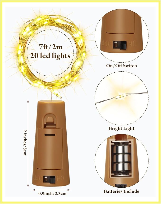 Hortsun 80 Pack Wine Bottle Lights with Cork Fairy Mini String Lights Battery Operated Mini Waterproof 7 ft Silver Wire 20 Led Cork Shape for Christmas, DIY, Party, Decor, Wedding, Bar(Warm White)
