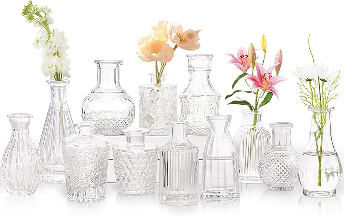 Glass Bud Vases Set of 12, Vintage Small Vases for Flowers, Clear Crystal Mini Glasses in Bulk, Small Flower Design for Centerpieces Wedding Decorations Home Flower Party Decor