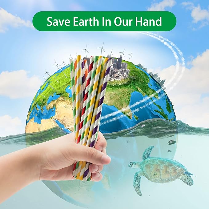 Biodegradable Black Striped Paper Straws, Pack of 100 Disposable Black White Stripes Paper Drinking Straw for Restaurants, Juices, Smoothies