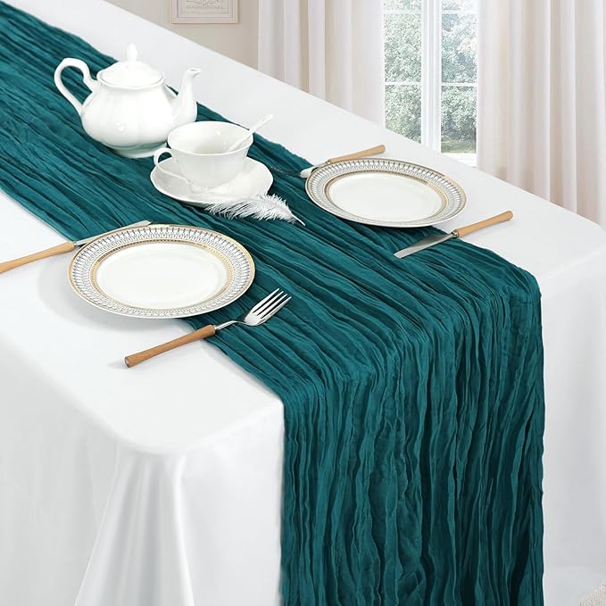 12 Pack Teal Cheesecloth Table Runner 10ft Boho Gauze Fabric Cheese Cloth Table Runner 35 x 120 Inch Rustic Sheer Runner for Romantic Wedding Decor Baby Shower Party Table Centerpiece Decoration