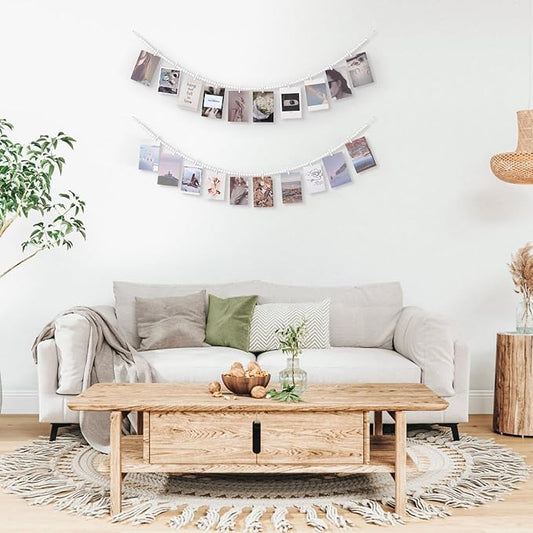 Mkono Hanging Photo Display with Clips, Boho Wooden Bead Garland Banner, Collage Card Picture Kids Art Holder String with 10 Clips for Christmas Bedroom Dorm Decor, Teen Girl Gifts, White, 2 Pack
