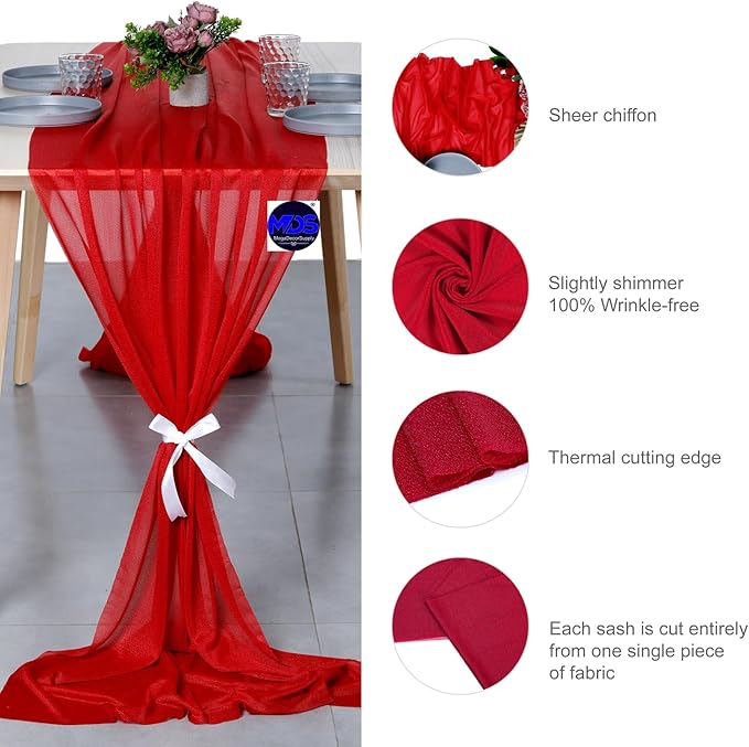 MDS Halloween Chiffon Table Runner - 10 Pack, 29 x 120 Inches, 10ft Each - Sheer Spooky Table Runners for Haunted House Parties, Trick-or-Treat Tables, Witchy Décor, Wedding & Events - Red