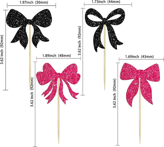 Gyufise 36Pcs Bow Cupcake Toppers Glitter Bowknot Cupcake Picks Bow Tie Birthday Decorations Bow Cake Toppers for Bridal Baby Shower Bachelorette Party Supplies Black Rose Red