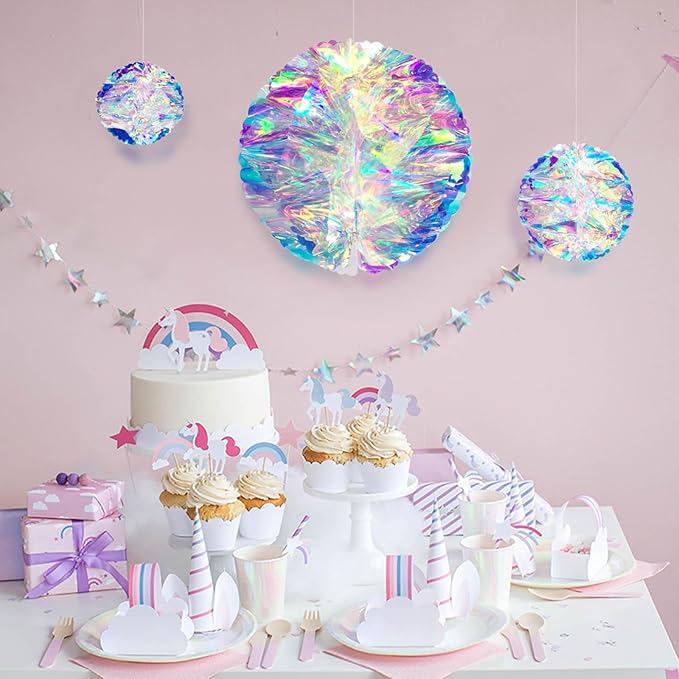 ZYOOO 3pcs Iridescent Honeycomb Balls,Shiny Rainbow Foil Ceiling Hanging Flowers for Wedding,Birthday,Theme Party Decoration(6" 8" 10")