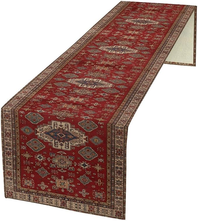 Boho Floral Vintage Table Runner, Retro Red Brown Flower Rustic Country Farmhouse Abstract Pattern for Home Kitchen Table Decor Dining Coffee Room Party Decor 13x60in