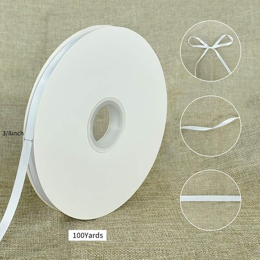 TONIFUL 3/8 Inch x 100yds White Satin Ribbon Thin Solid Fabric Ribbons Roll for Gift Wrapping Hair Balloons Party Wedding Popsicles Decoration Valentine's Day Bouquet Halloween Christmas
