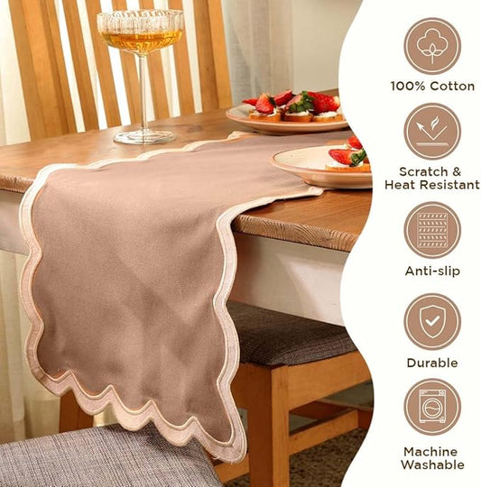 Folkulture Table Runners | Fall Table Runner 72 inches Long | Scallop Table Runner for Fall Decor or Boho Decor | Brown Table Runners for Dining Room | Thanksgiving Decorations for Home